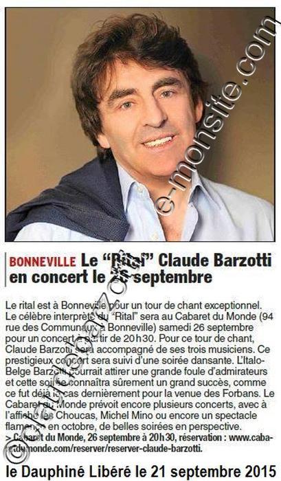 Le Dauphiné libéré concert Bonneville 21 septembre 2015 (1 page) Le rital Claude Barzotti en concert le 26 septembre 2015 à Bonneville