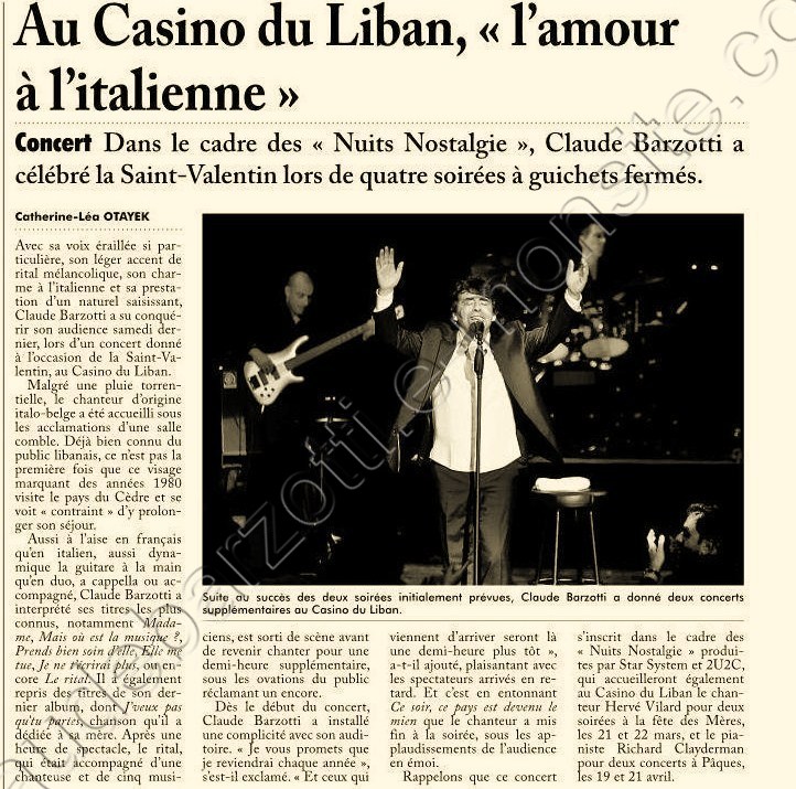 L'Orient Le Jour le quotidien Libanais d'expression française du 13 février 2014 (2/3 de page + photo) Claude Barzotti au casino du Linan en concert les nuits nostalgie